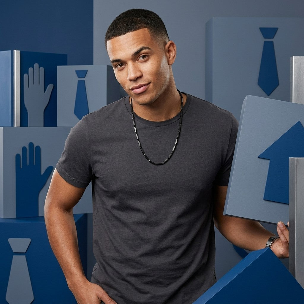 Aramat Jewels zwarte roestvrijstalen bamboo schakelketting gedragen door een man in een grijs t-shirt