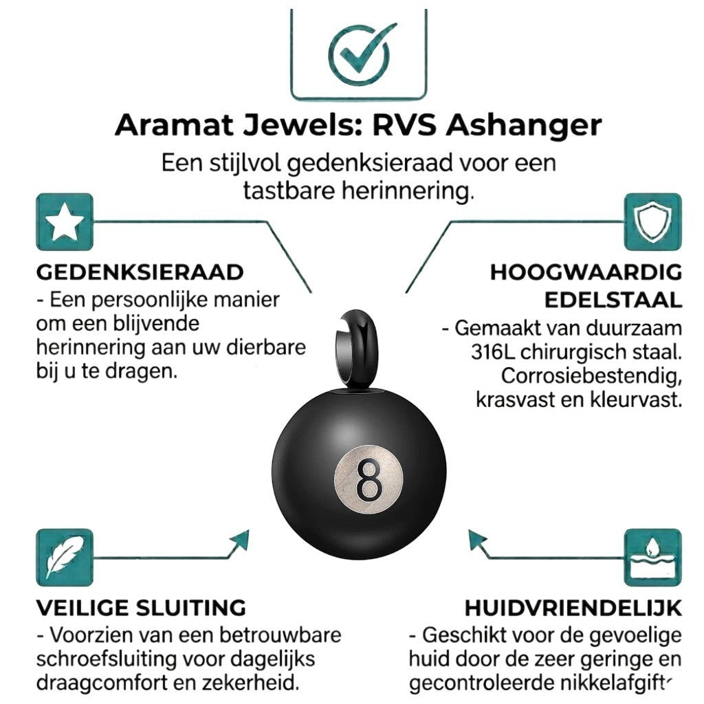 Aramat Jewels zwarte ashanger in de vorm van een biljartbal met cijfer 8, gemaakt van RVS.