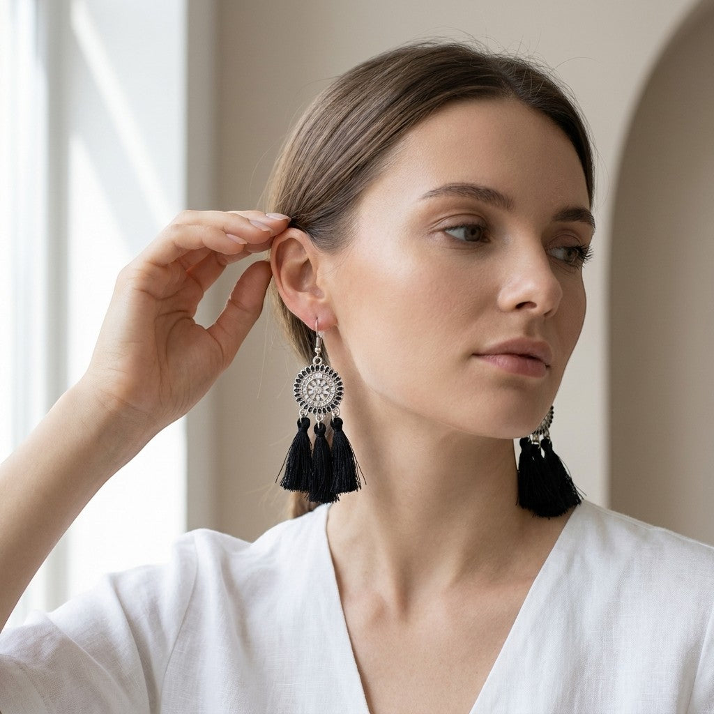 Aramat Jewels zomerse boho oorhangers met zwarte kwastjes en zilverkleurig metaal