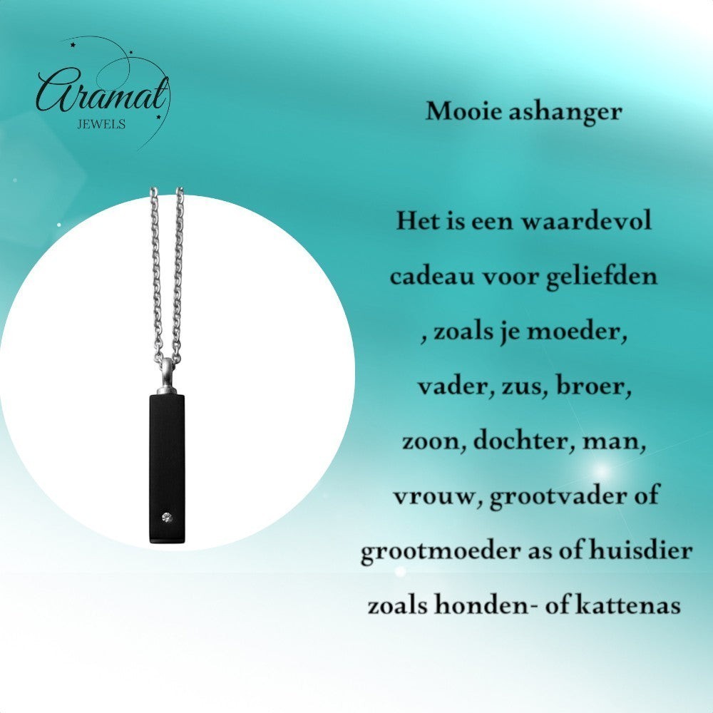 Aramat Jewels zwarte buis ashanger van 316L staal met een transparant kristal, inclusief 50cm ketting.