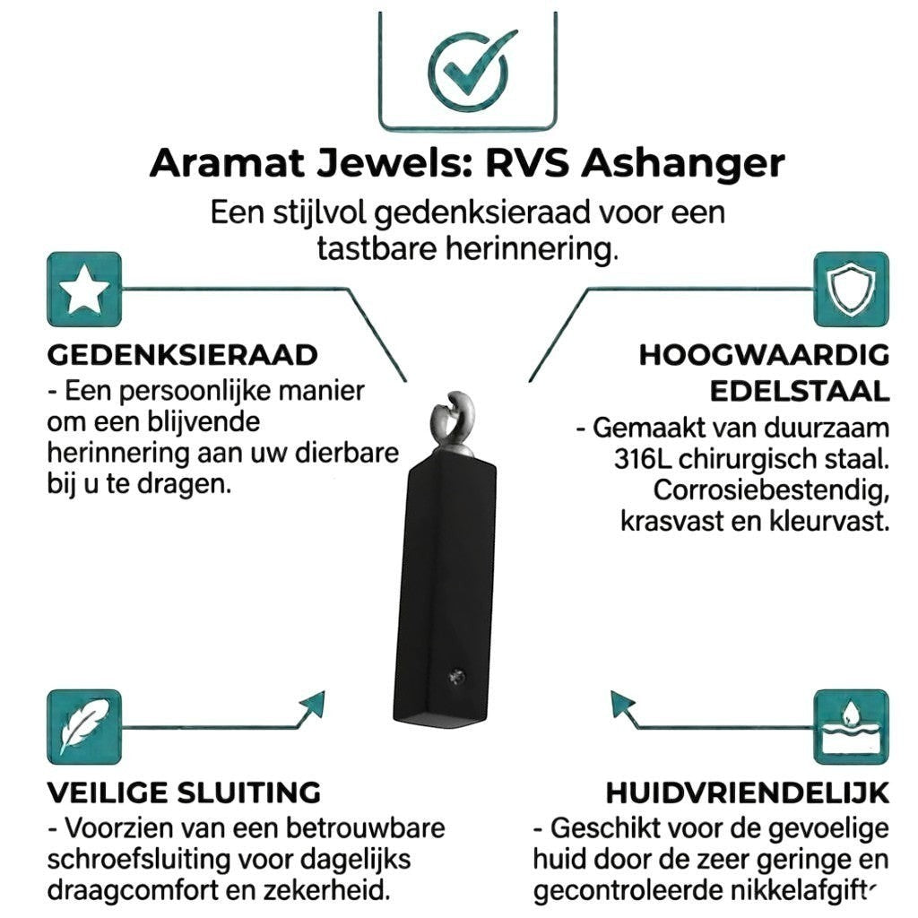 Aramat Jewels zwarte buis ashanger van 316L staal met kristal, inclusief 50cm ketting.