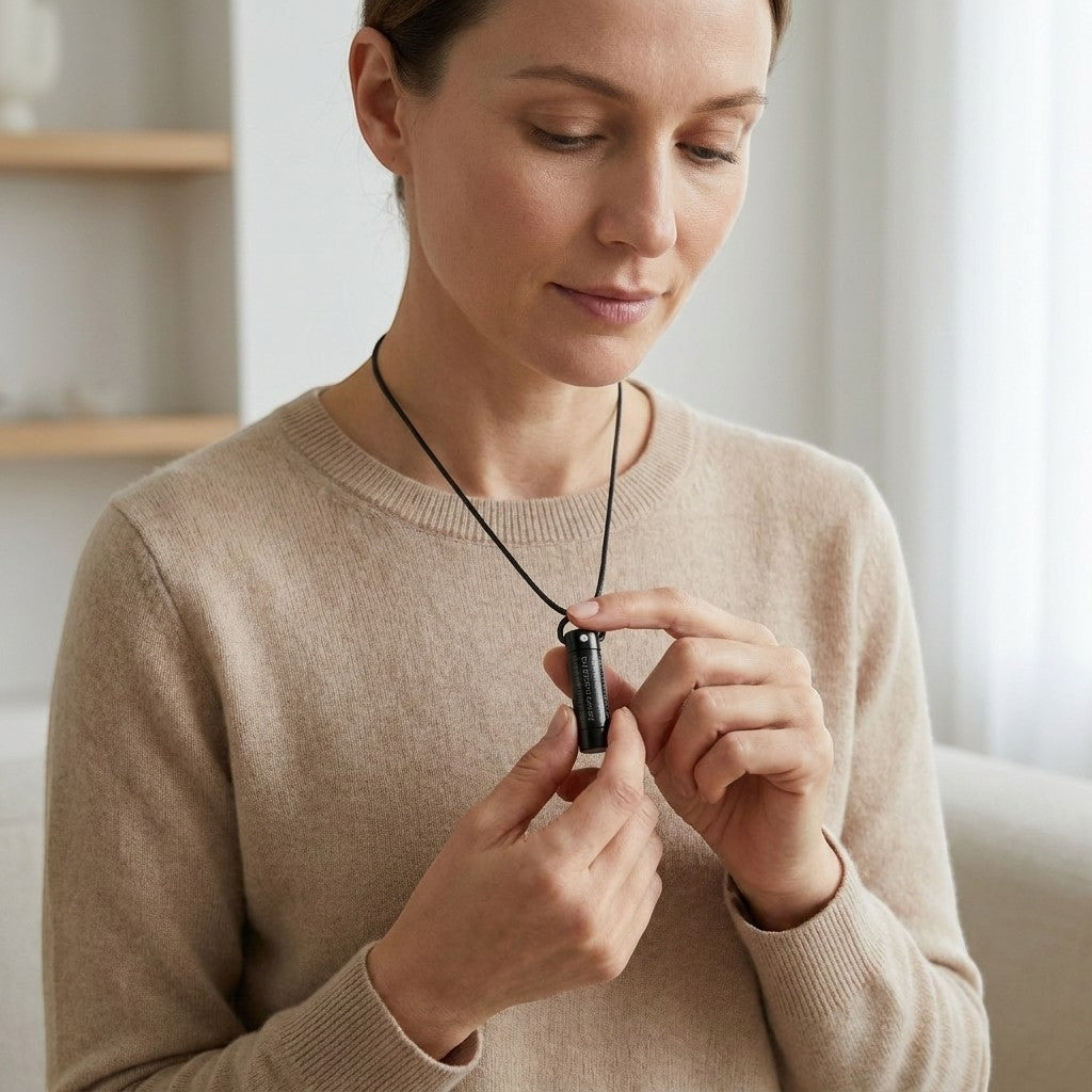 Aramat Jewels zwarte buisvormige crematiehanger van roestvrij staal met gebedstekst, 3x0,9cm, gedragen door een vrouw.