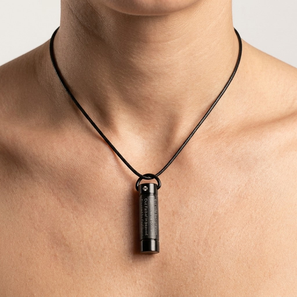 Aramat Jewels zwarte buisvormige crematiehanger met gebedstekst en een klein steentje, gedragen aan een zwart koord om de nek.