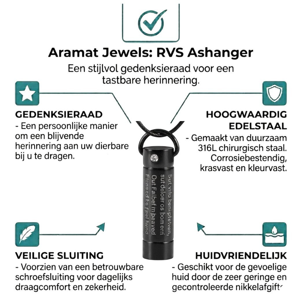 Aramat Jewels zwarte buisvormige crematiehanger van roestvrij staal met een gebed en een kleine kristaldecoratie.
