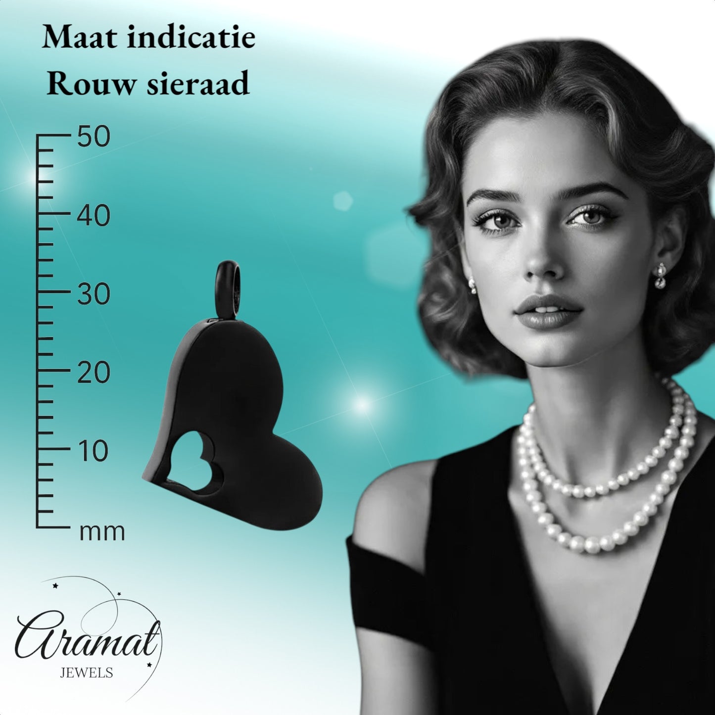 Aramat Jewels zwarte crematiehanger in hartvorm met open hart-design, gemaakt van 316L staal.