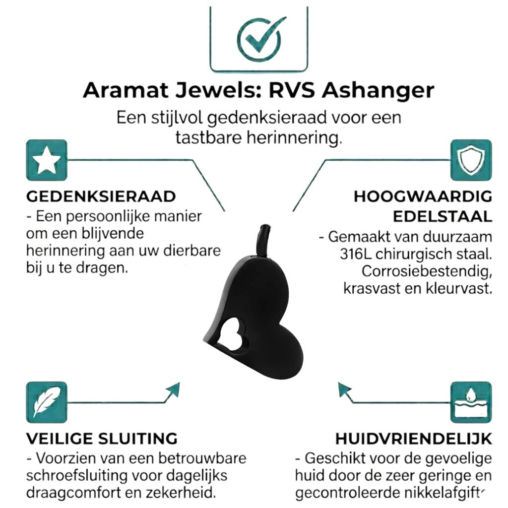 Aramat Jewels zwarte crematiehanger in de vorm van een hart met een open hart-design, gemaakt van 316L staal.