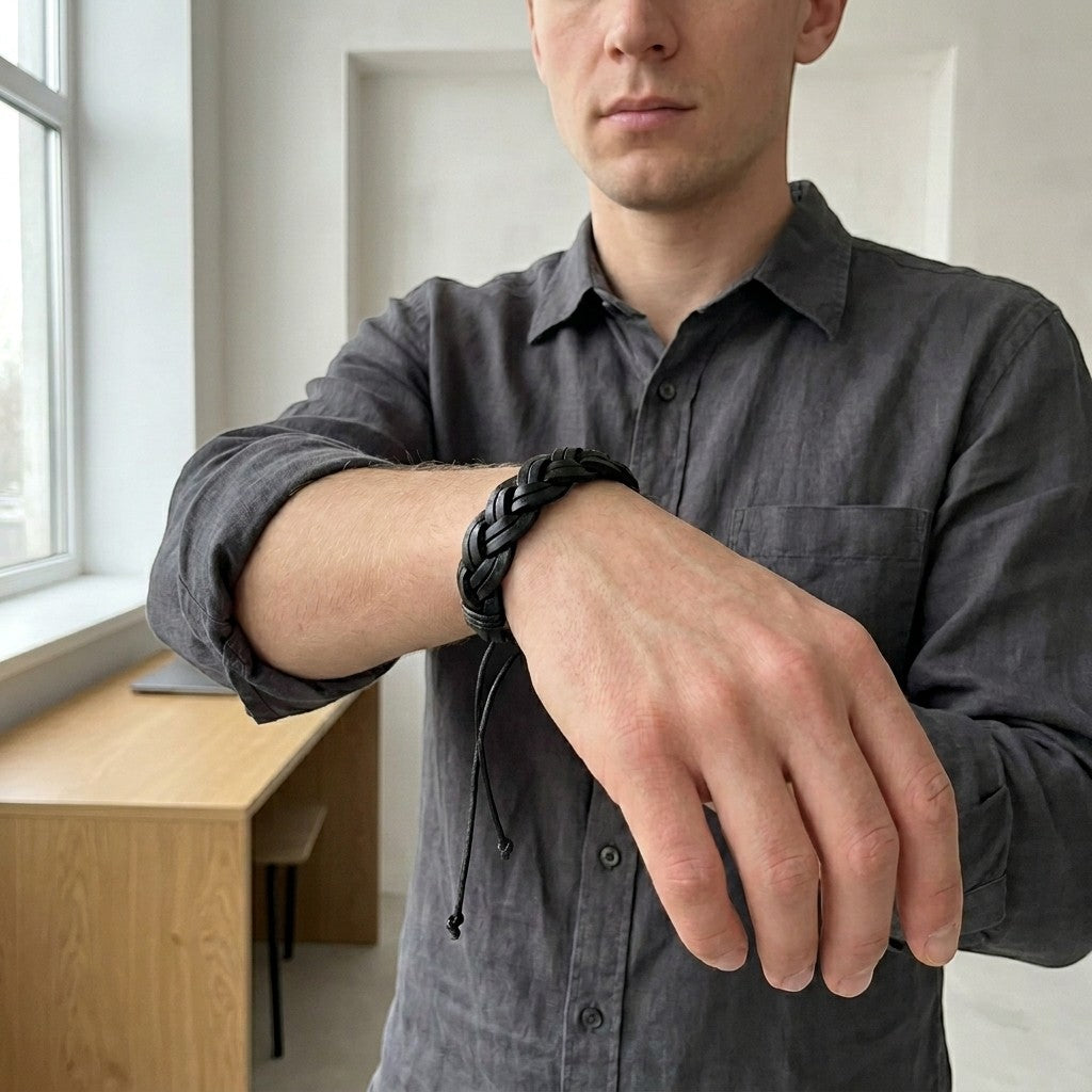 Aramat Jewels stoere zwarte gevlochten leren armband, 16mm breed en verstelbaar, gedragen door een man.