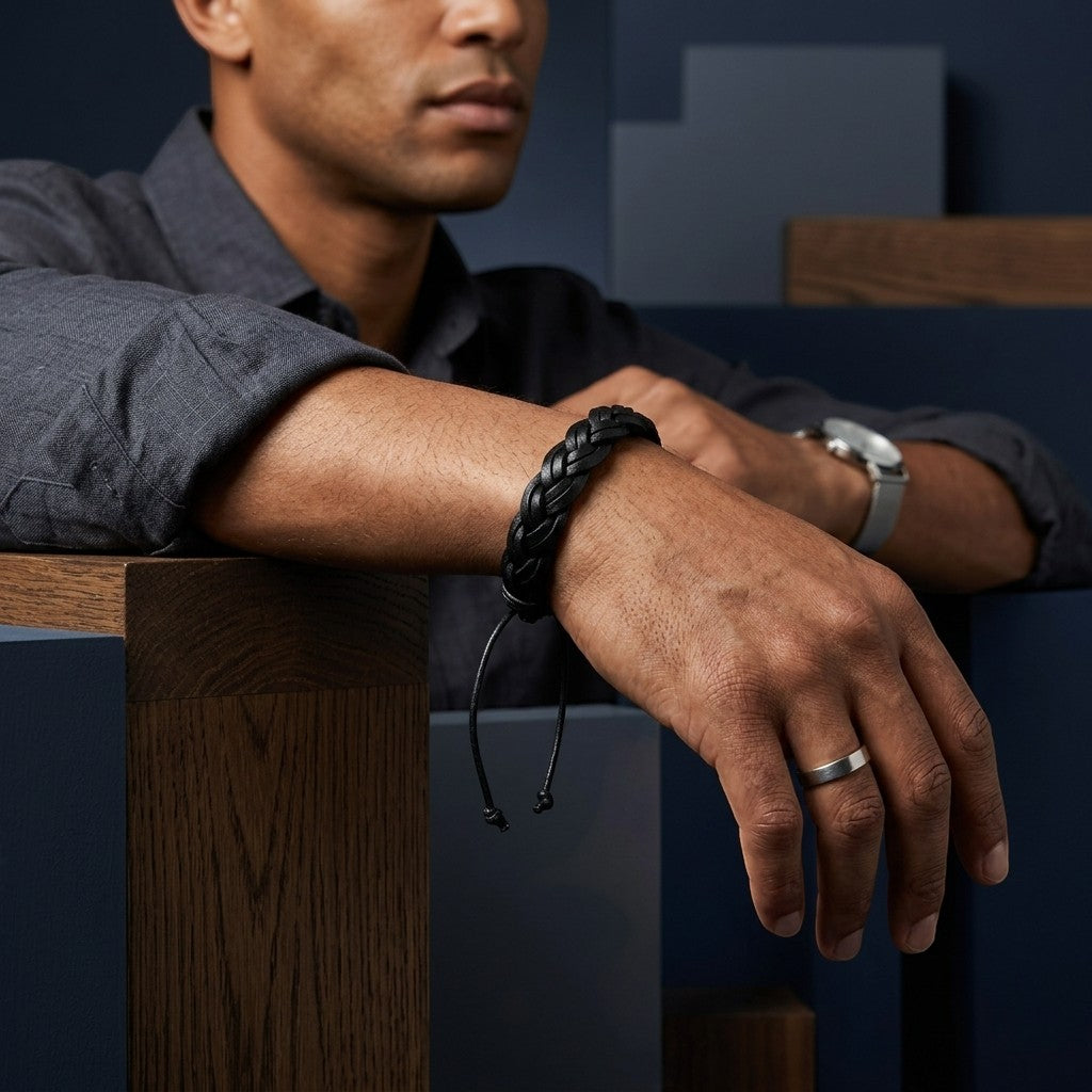 Aramat Jewels stoere zwarte gevlochten leren armband om de pols van een man in een stijlvolle casual setting.