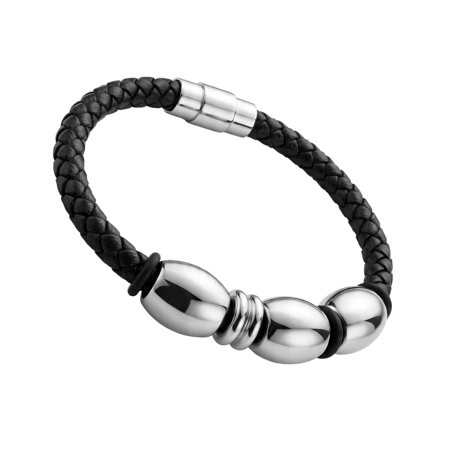 Aramat Jewels zwarte gevlochten leren heren armband met RVS magneetsluiting en kralen