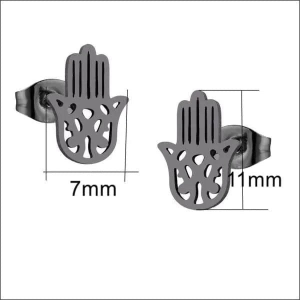Aramat Jewels zwarte Hamsa oorstekers van RVS in de vorm van een Handje van Fatima, 11x7mm, hypoallergeen en stoer.