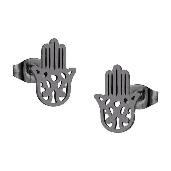Aramat Jewels zwarte Hamsa oorstekers van RVS in de vorm van een Handje van Fatima, 11x7mm, hypoallergeen.