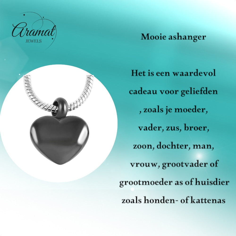 Aramat Jewels® zwarte hartvormige asbedel van 17mm roestvrij staal, te dragen als bedel aan een armband of ketting.