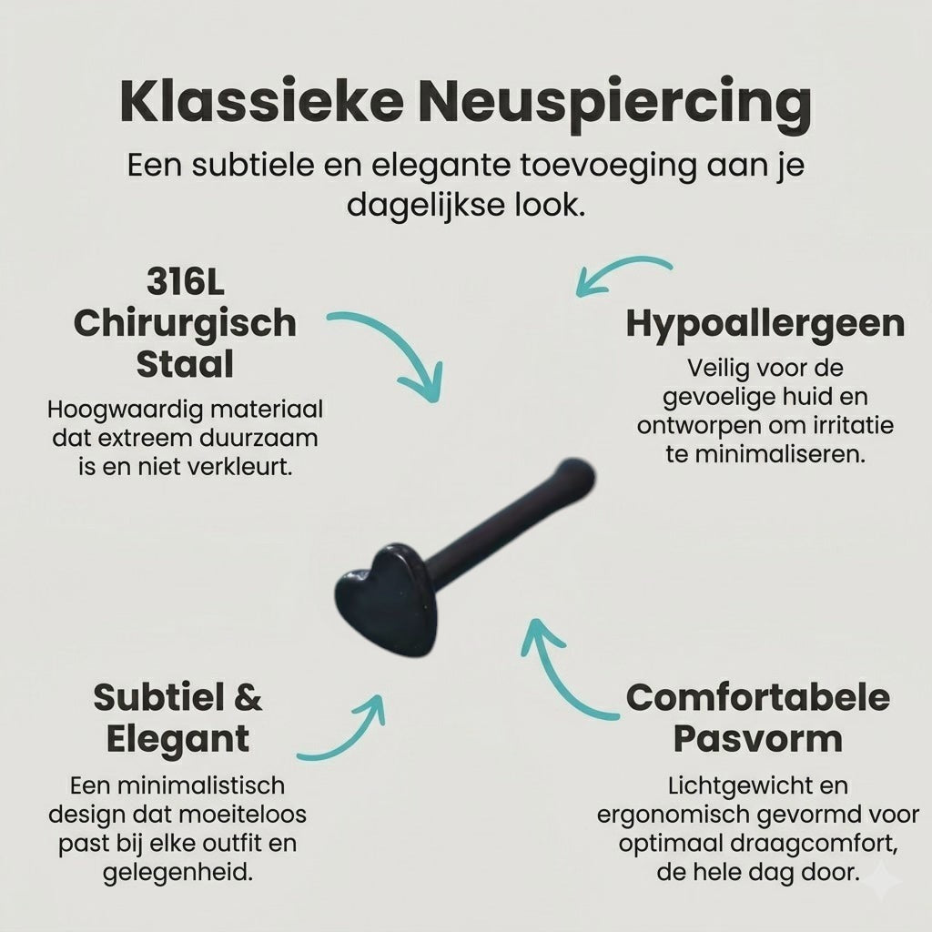 Aramat Jewels zwarte neuspiercing met hartje van chirurgisch staal, 2.5mm recht staafje voor dagelijks gebruik.