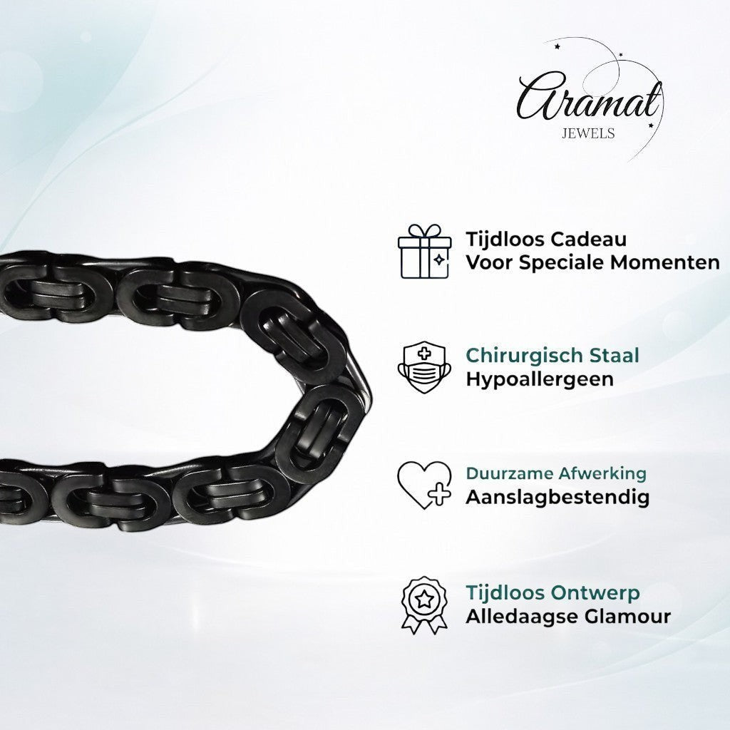 Stoere zwarte koningsschakel armband van Aramat Jewels, gemaakt van staal met een breedte van 12 mm.