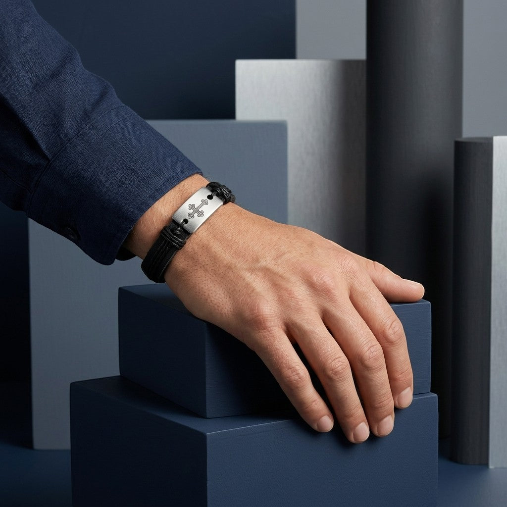 Aramat Jewels zwarte lederen armband met zilverkleurige metalen plaat en kruisdetail om een pols