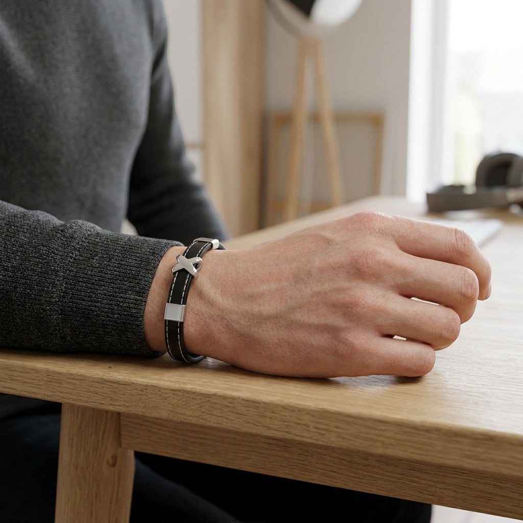 Aramat Jewels zwarte leren herenarmband met stalen kruisje, wit stiksel en RVS schuivers om een pols aan een bureau.