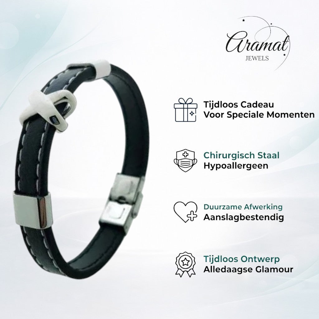 Aramat Jewels zwarte leren herenarmband met wit stiksel, stalen kruisje en RVS sluiting, 21cm lang.