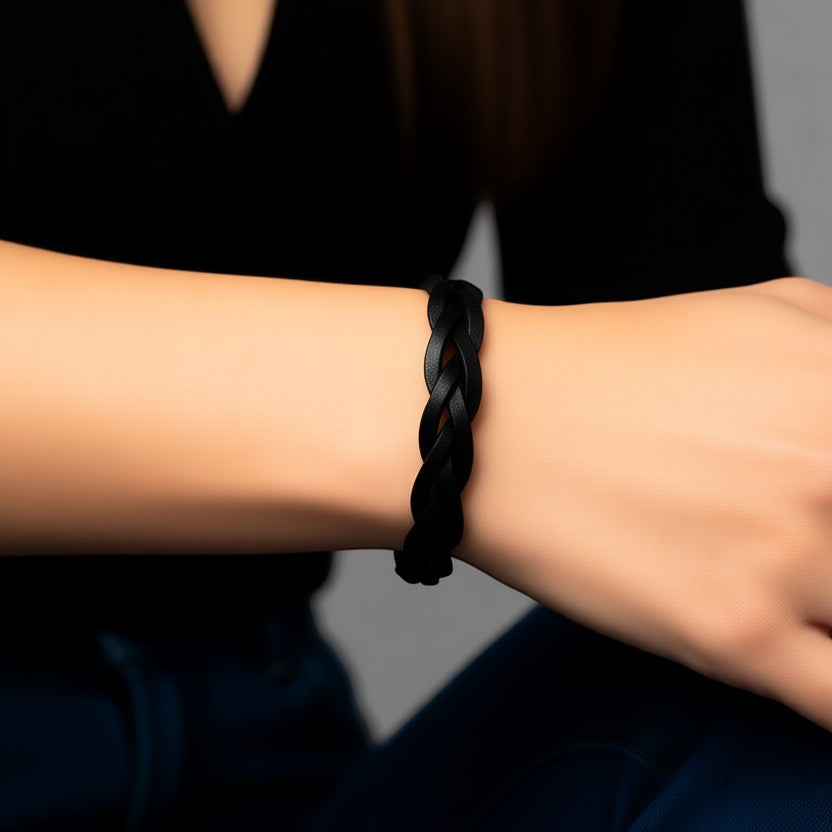 Aramat Jewels stoere zwarte leren gevlochten armband van 13mm breed en 22cm lang.
