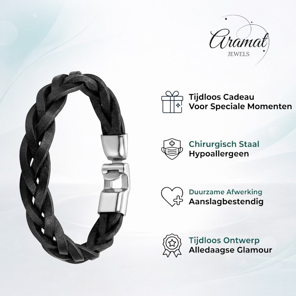 Aramat Jewels stoere zwarte leren gevlochten armband met zilverkleurige sluiting, 13mm breed.