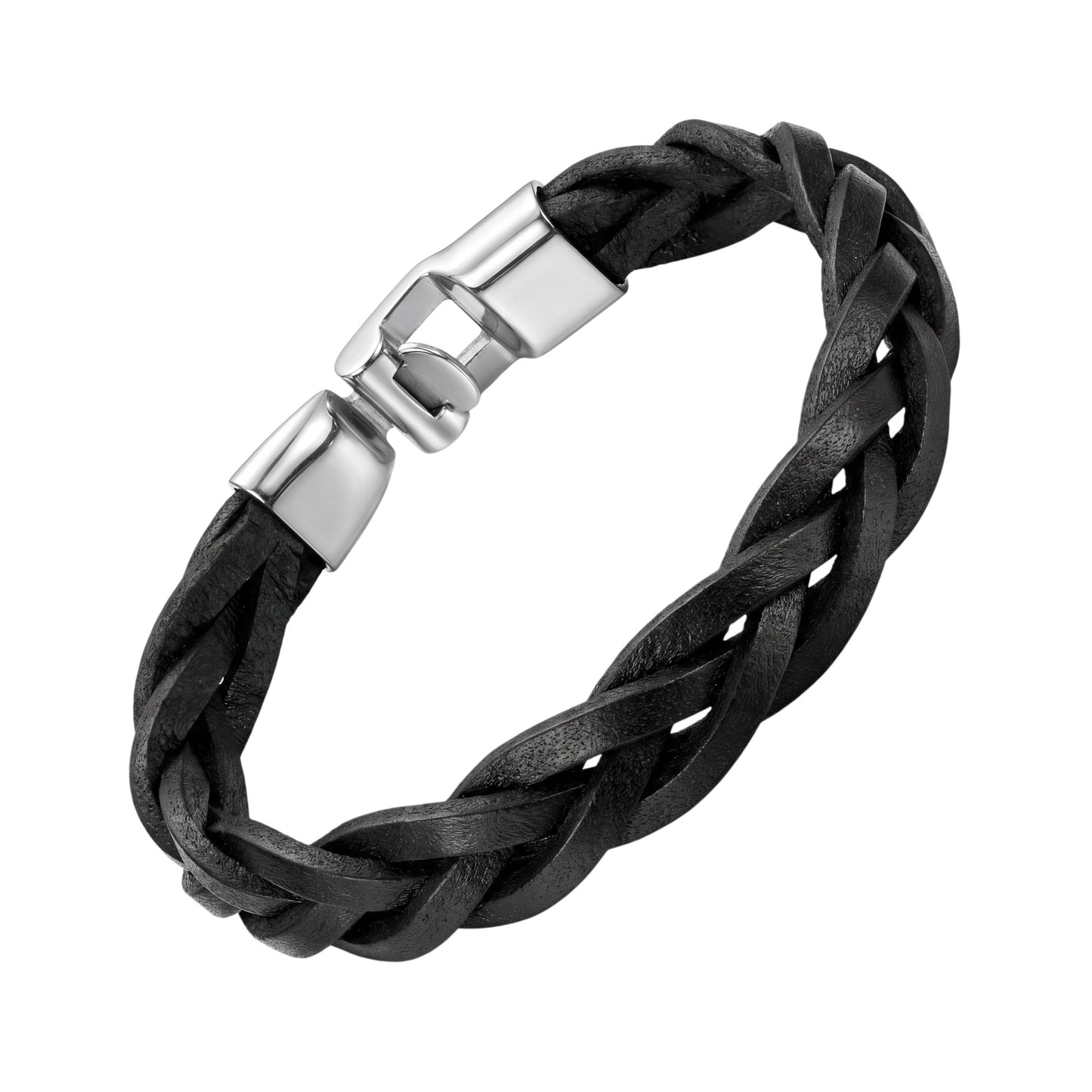 Aramat Jewels stoere zwarte leren gevlochten armband met zilverkleurige sluiting, 13mm breed.