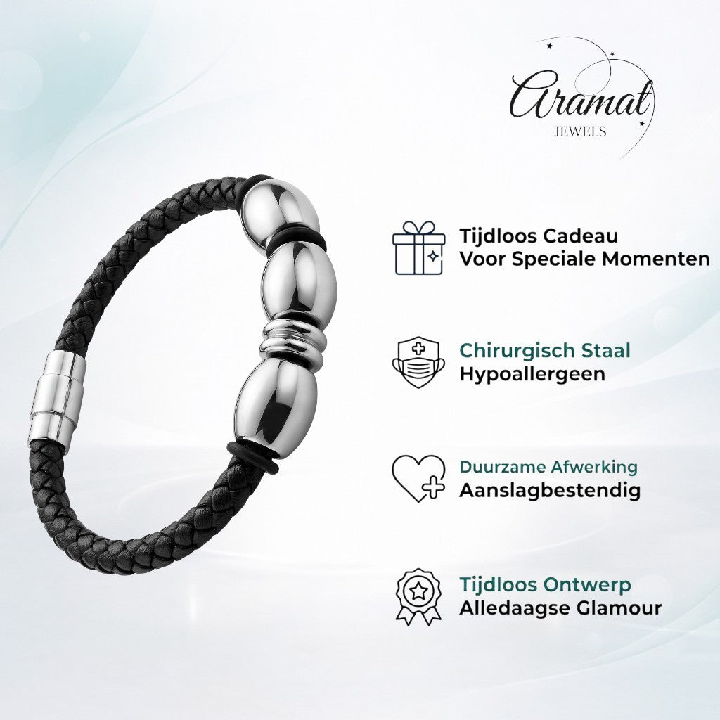 Aramat Jewels zwarte gevlochten leren heren armband met RVS magneetsluiting en gepolijste kralen.