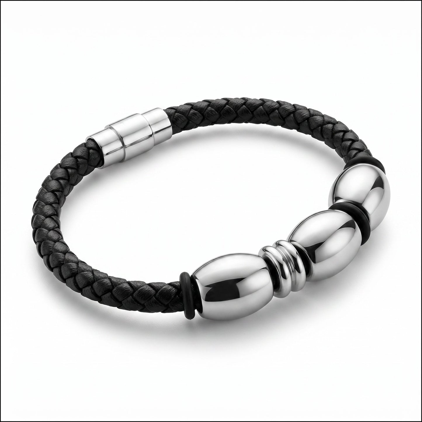 Aramat Jewels zwarte gevlochten leren heren armband met RVS magneetsluiting en kralen