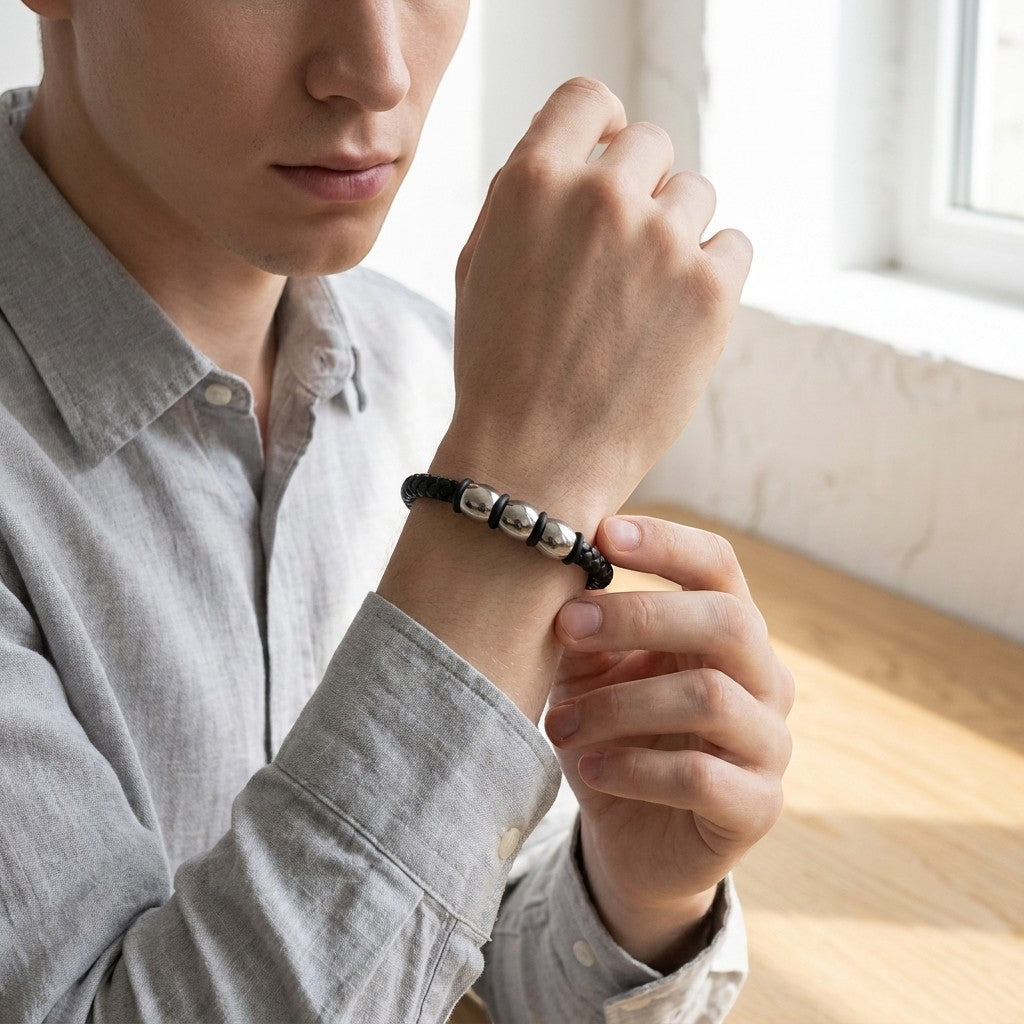 Aramat Jewels stoere zwarte gevlochten leren herenarmband met drie zilverkleurige stalen kralen om een pols.