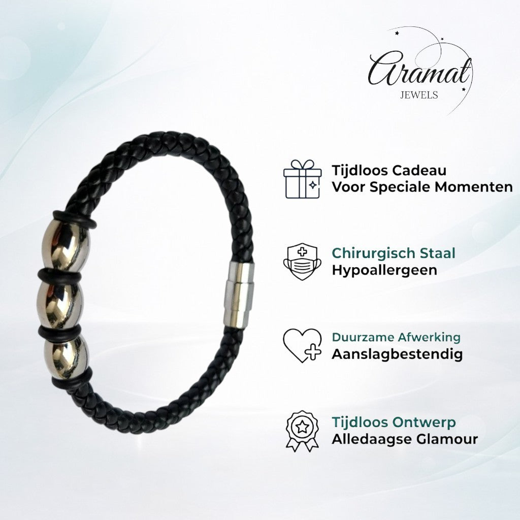 Aramat Jewels zwarte gevlochten leren herenarmband met drie zilverkleurige stalen kralen en een magnetische sluiting.