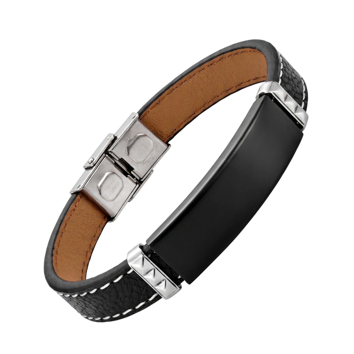 Aramat Jewels zwarte leren herenarmband met graveerbare zwarte stalen plaat, wit stiksel en RVS sluiting.