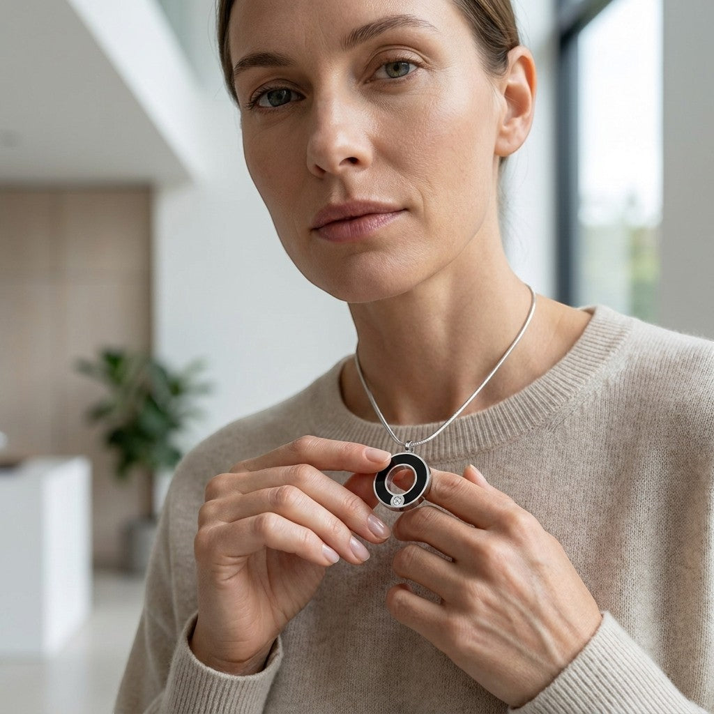 Aramat Jewels® zwarte ronde stalen ashanger met een zilverkleurig detail en een kleine steen. Stoer gedenksieraad zonder ketting.
