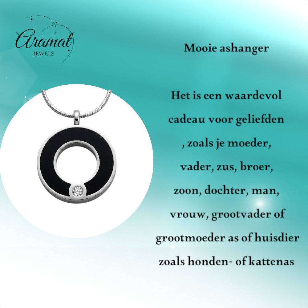 Aramat Jewels zwarte ronde stalen ashanger met een klein zirkonia steentje, zonder ketting.