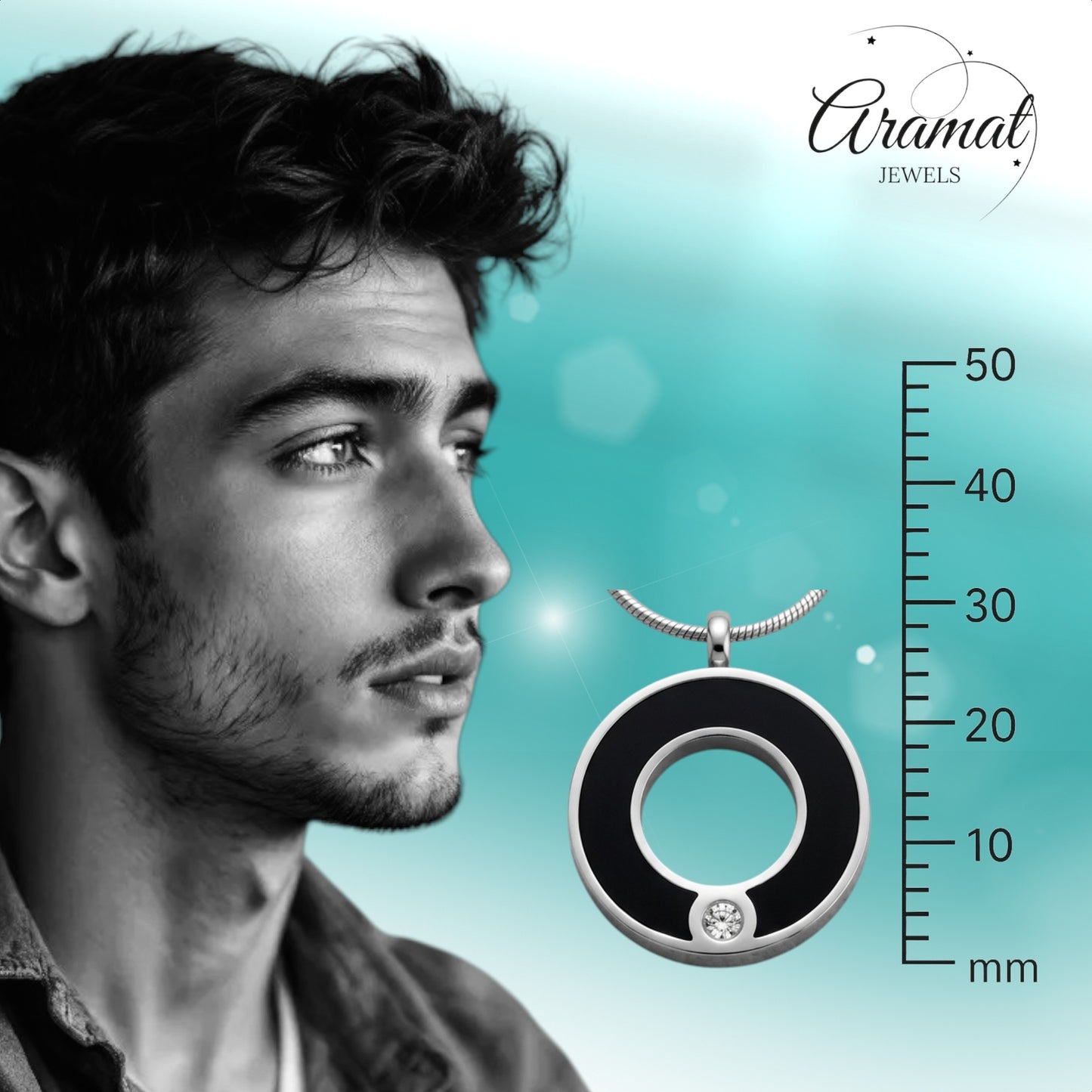 Aramat Jewels zwarte ronde stalen ashanger met een klein zirkonia steentje, zonder ketting.