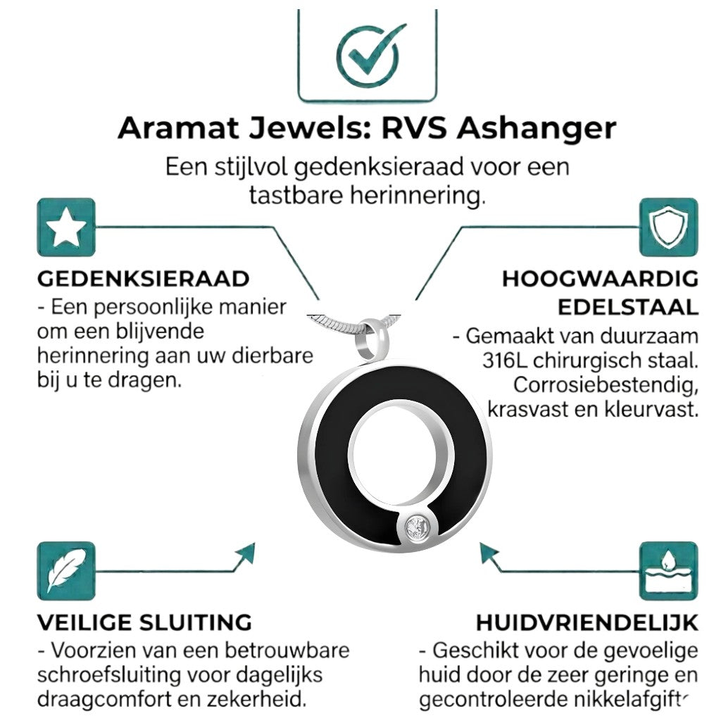 Aramat Jewels zwarte ronde stalen ashanger met een klein zirkonia steentje, zonder ketting.