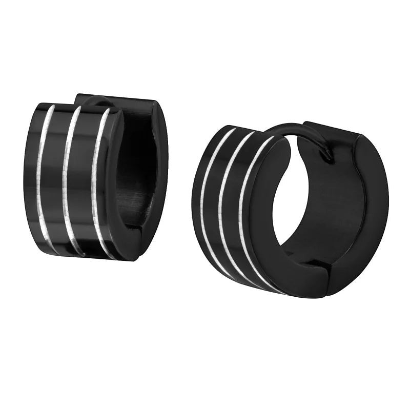 Aramat Jewels zwarte RVS huggie oorringen met drie witte strepen voor een stoere en moderne uitstraling