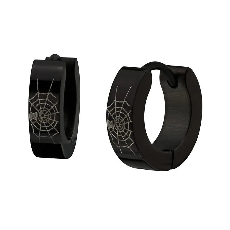 Aramat Jewels zwarte RVS huggies oorringen met een gedetailleerd spinnenweb motief voor een stoere look