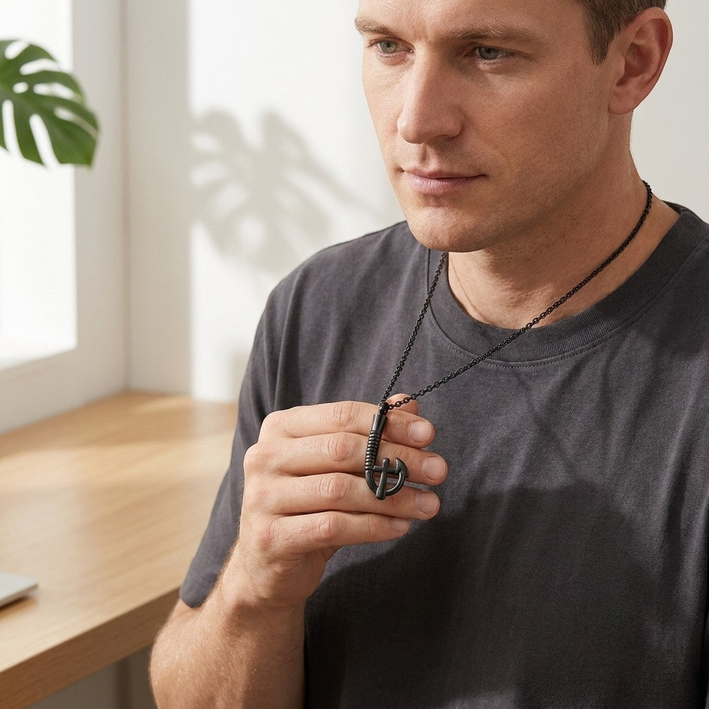 Aramat Jewels zwarte stalen ashanger in vishaakvorm met kruisje, gedragen door een man.