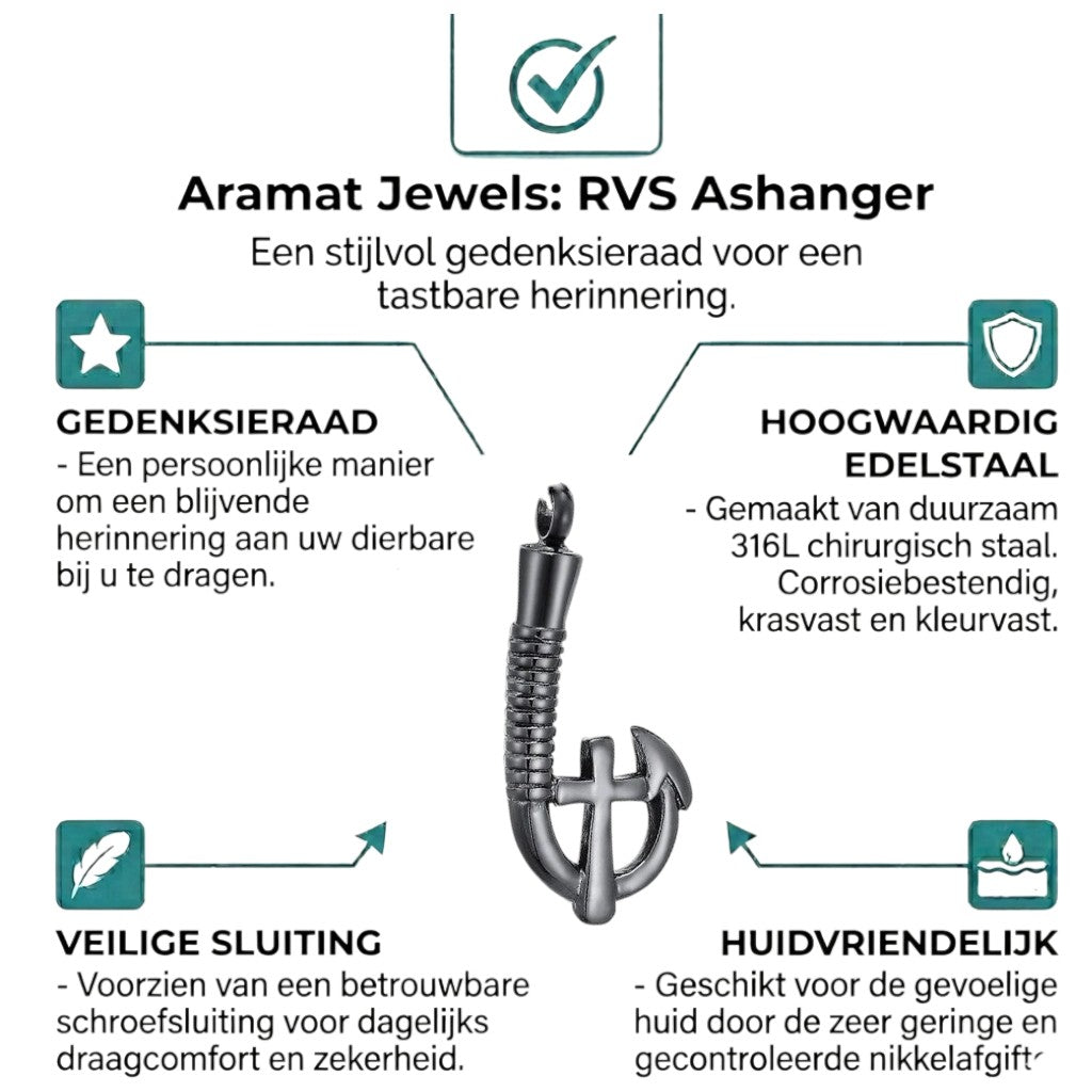 Aramat Jewels zwarte stalen ashanger in de vorm van een vishaak met kruisje, waterbestendig