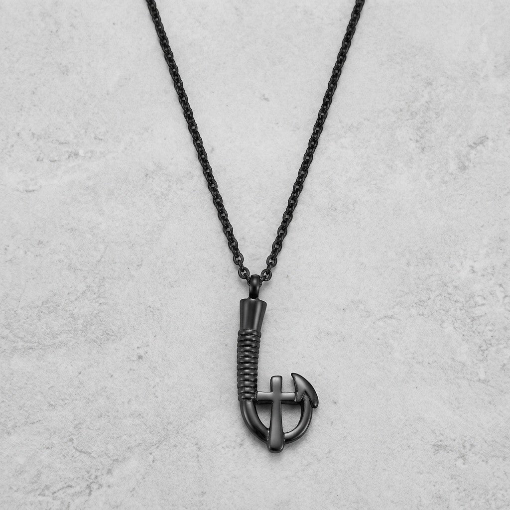 Aramat Jewels zwarte stalen ashanger in de vorm van een vishaak met kruisje, waterbestendig