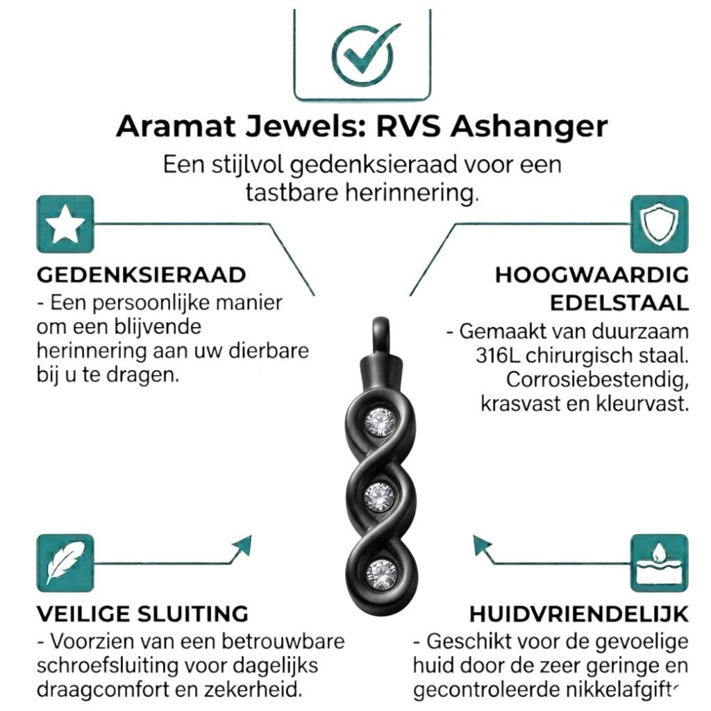 Aramat Jewels zwarte stalen ashanger met drie zirkonia's, schroefsluiting, gedenksieraad zonder ketting.