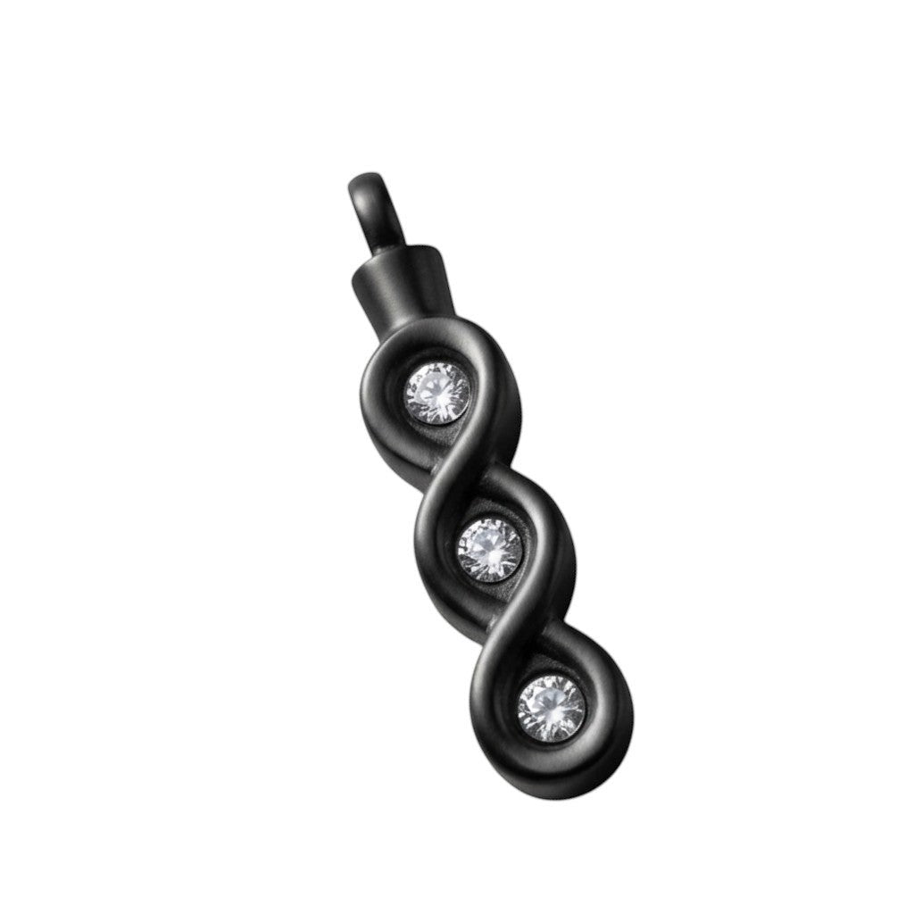 Aramat Jewels zwarte stalen ashanger met drie zirkonia's in een golvend design, zonder ketting.