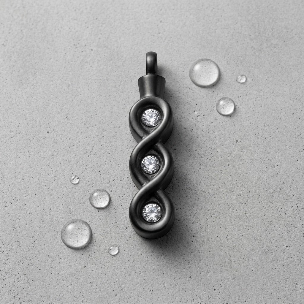 Aramat Jewels zwarte stalen ashanger met drie zirkonia's in een gedraaid design, zonder ketting.