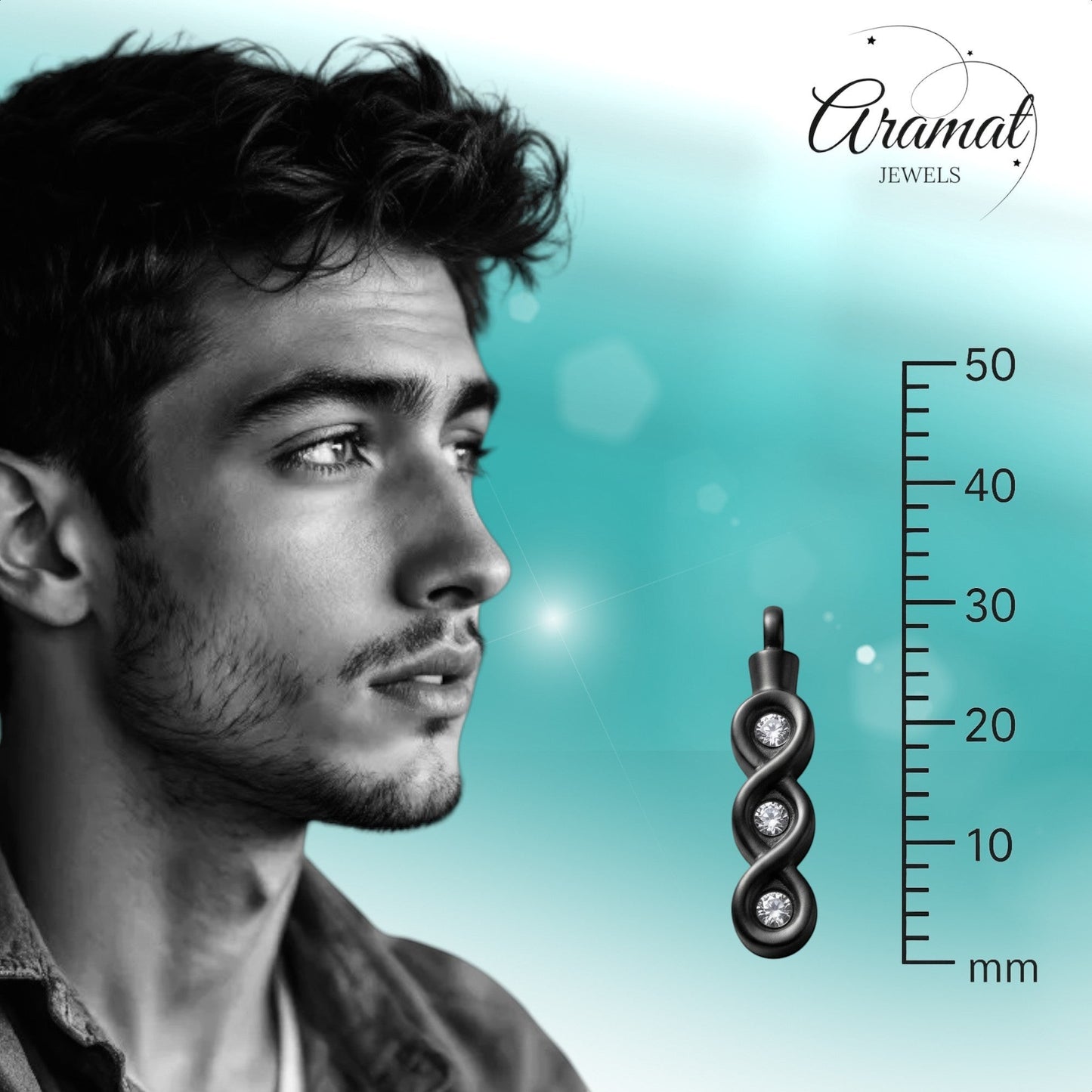 Aramat Jewels zwarte stalen ashanger met drie zirkonia's in een spiraalvorm, 30mm hoog.