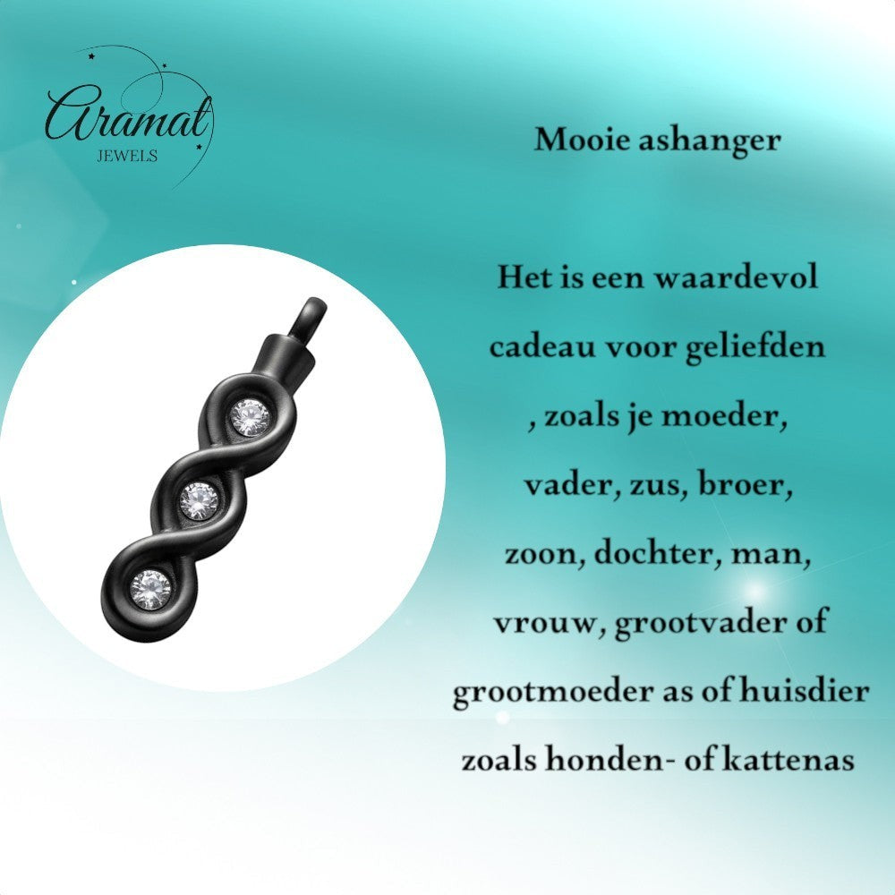 Aramat Jewels zwarte stalen ashanger met drie zirkonia's in een golvend design, zonder ketting.