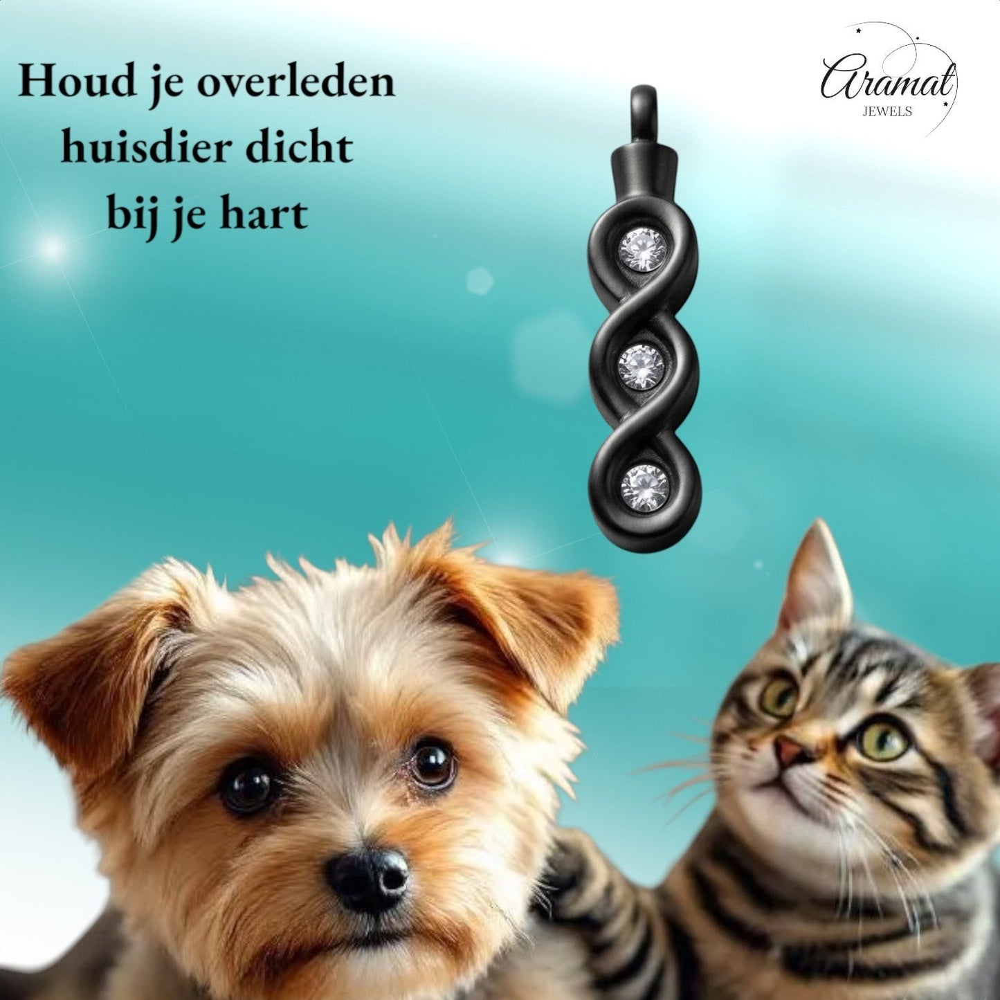 Aramat Jewels zwarte stalen ashanger met zirkonia, gedetailleerd met een gedraaid design, voor het bewaren van as van huisdieren.
