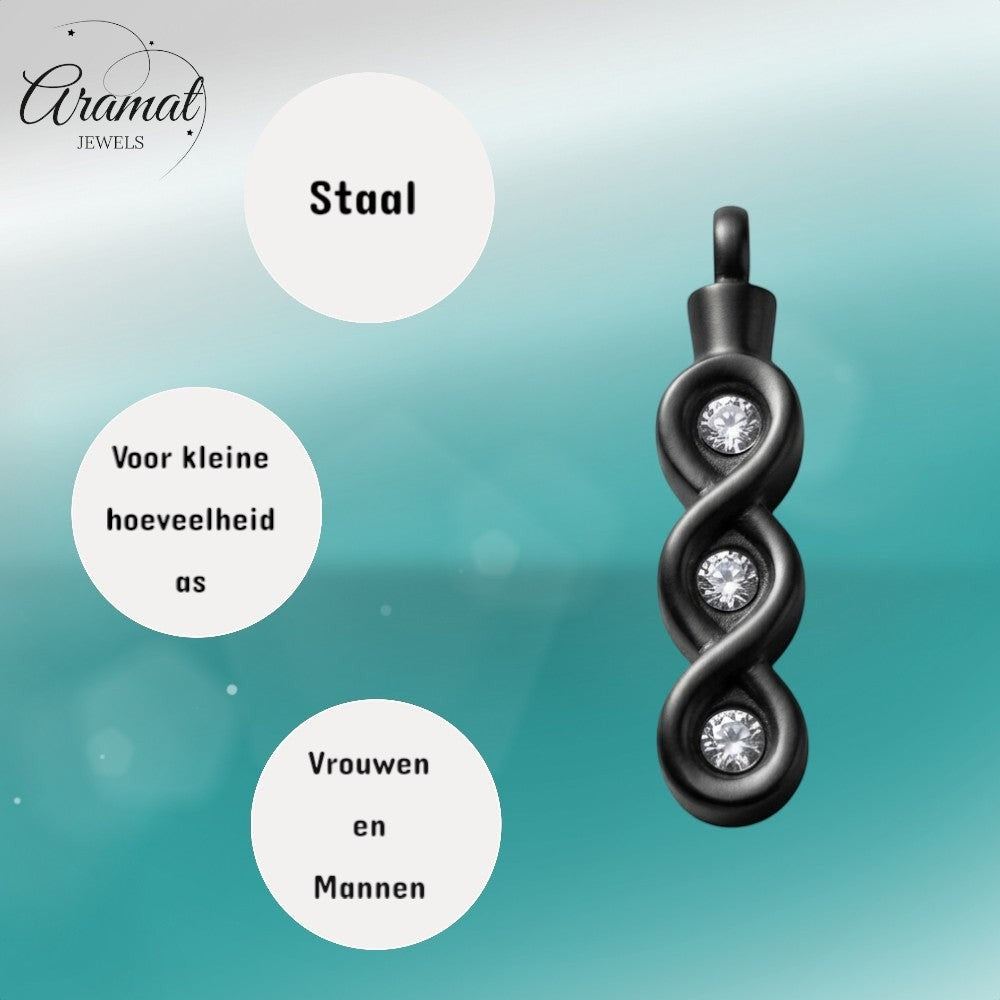 Aramat Jewels zwarte stalen ashanger met zirkonia, met een infinity design. Geschikt voor mannen en vrouwen.