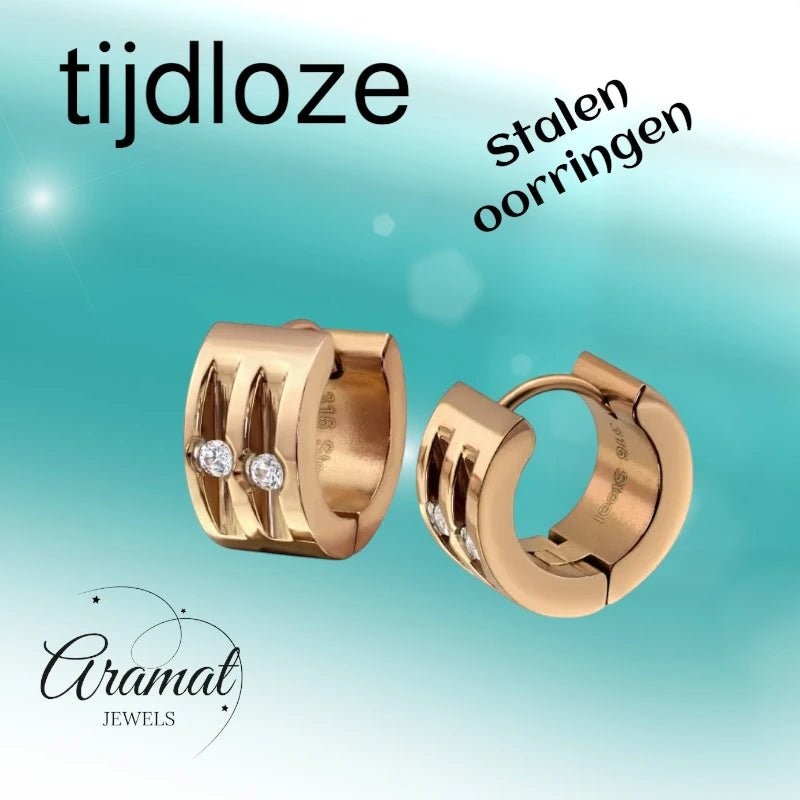 Aramat Jewels rose gold stainless steel huggie earrings with two clear cubic zirconia stones each, 13mm diameter.