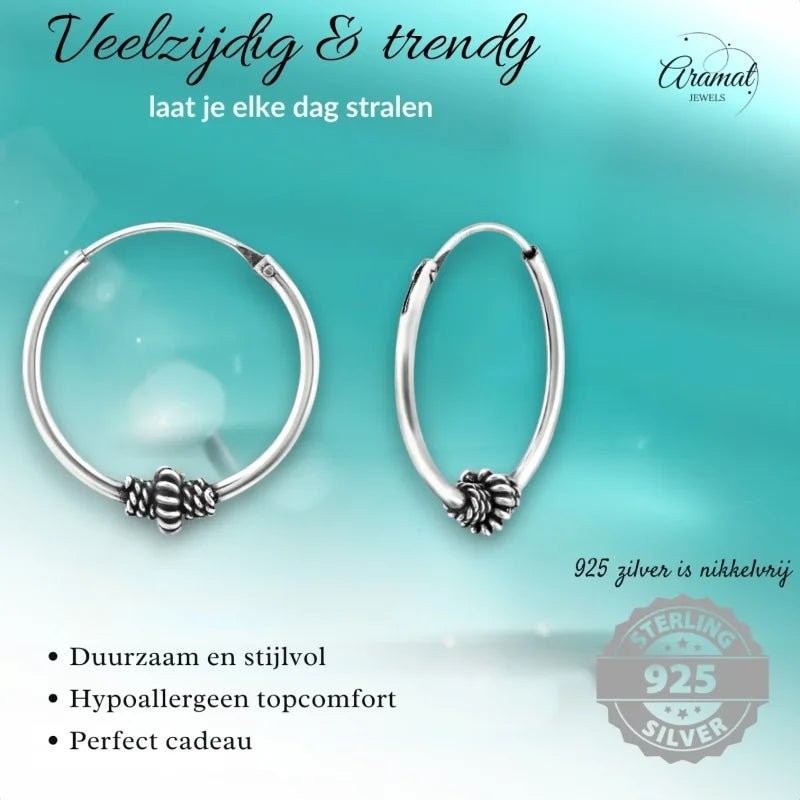 Aramat Jewels 18mm sterling silver Bali hoop earrings with ethnic design, nickel-free and hypoallergenic.