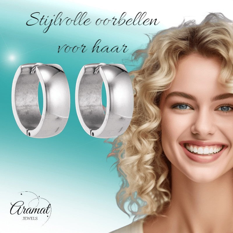 Aramat Jewels silver-coloured stainless steel hoop earrings, 13mm diameter, polished finish, unisex design.