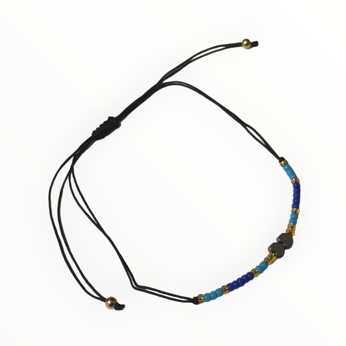 Verstelbare Armband Met Blauwe En Gouden Kralen Van Aramat Jewels® Met Hematiet Hartjes