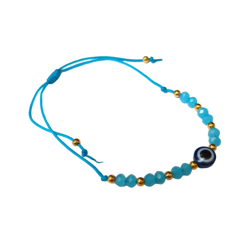 Een blauwe armband met een gouden bea en een blauw oog